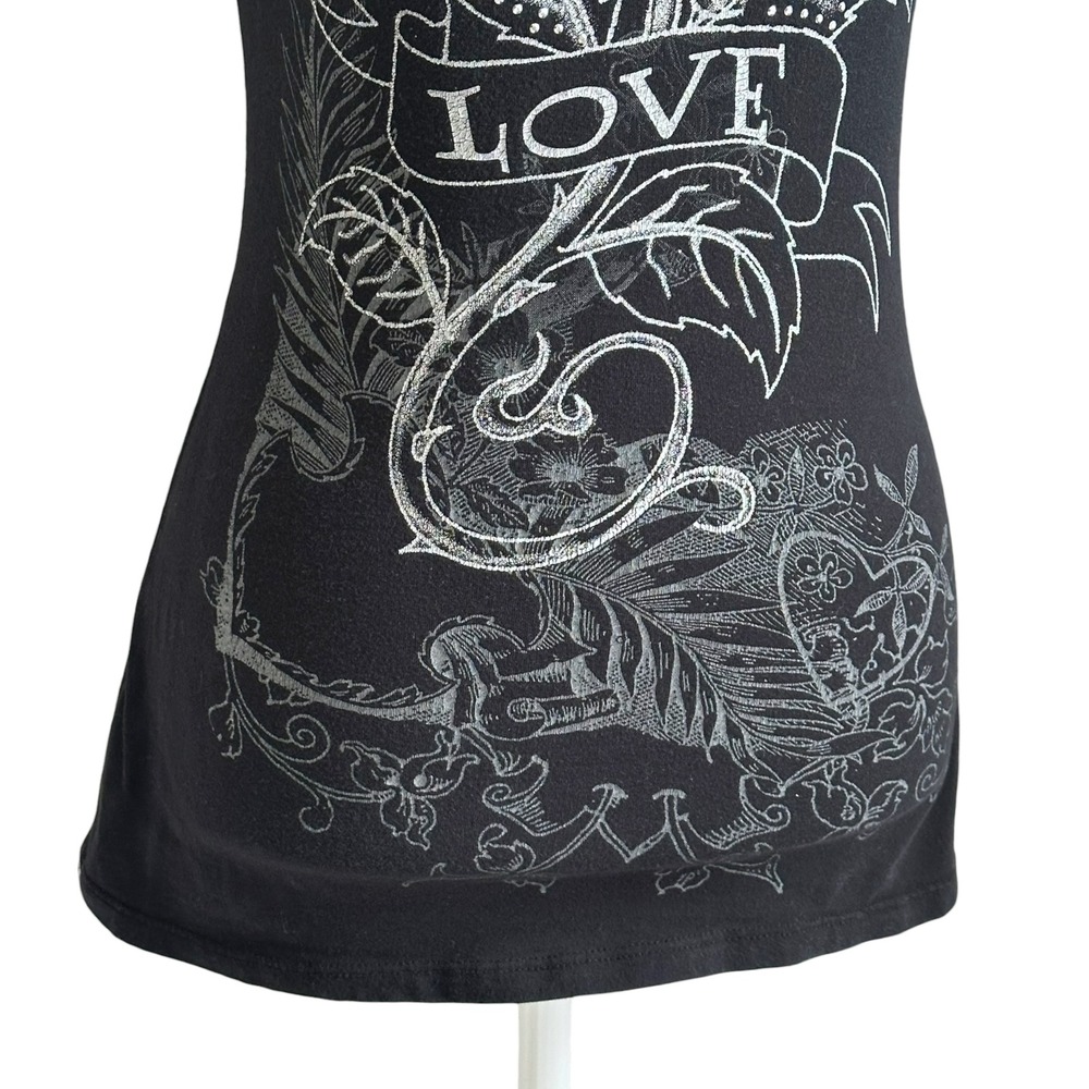 Y2K Tattoo Graphic Rose Love Rhinestone Black Short Sleeve Tee Shirt Women S - Picture 8 of 8